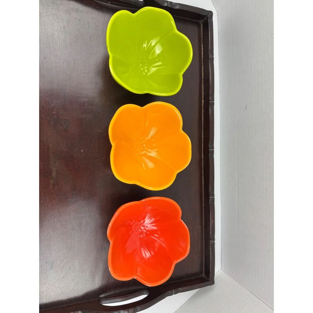 Set of 3 Flower Shaped Melamine Bowls Green Orange Yellow Petal Dip Snack Bowls